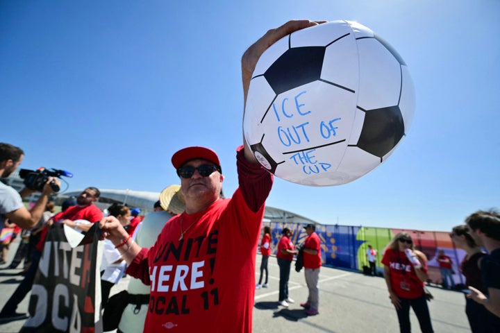 SoFi Stadium workers represented by Unite Here 11 attend a press conference about an update on contract negotiations at SoFi Stadium in Inglewood, California, on June 9, 2026.
