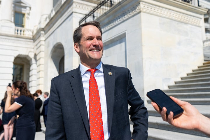 Rep. Jim Himes (D-Conn.) speaks to a reporter on the House steps after a vote in the U.S. Capitol on April 23.