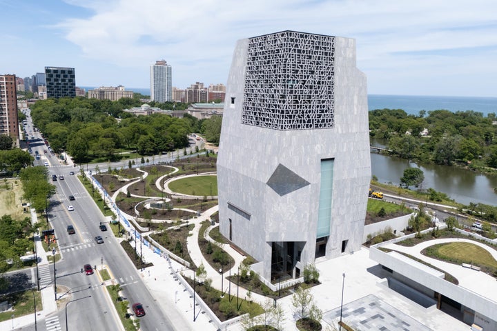 The Words of Hope sculpture, comprised of excerpts from President Barack Obama's 2015 speech marking the 50th anniversary of the Selma to Montgomery marches, on the outside of the museum tower during a media preview of the Obama Presidential Center in the Jackson Park neighborhood of Chicago, Illinois, US, on Wednesday, June 3, 2026. The Obamas and their chosen architects, Tod Williams Billie Tsien Architects, designed the space with two dueling purposes: a sculptural totem that lionizes the president and a sprawling program that celebrates community. Photographer: Talia Sprague/Bloomberg via Getty Images