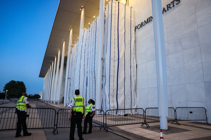 A tarp covers the newly removed name of President Donald Trump from the facade of the Kennedy Center in Washington, DC, US, on Saturday, June 13, 2026. (Valerie Plesch/Bloomberg via Getty Images)