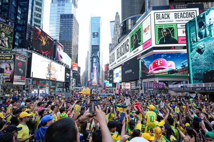 Fans of Brazil gather in Times Square for a meetup a day ahead of the match between Brazil and Morocco on June 12, 2026 in New York City.
