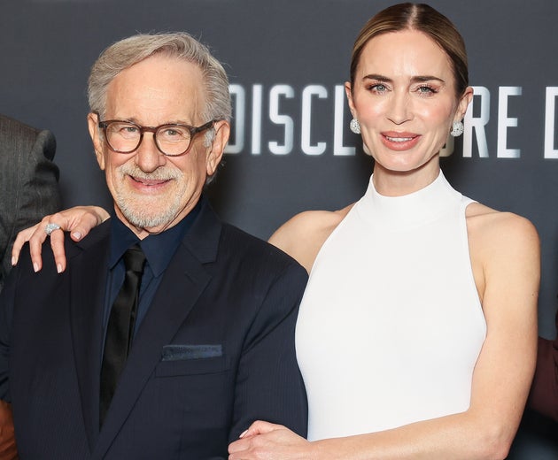 Steven Spielberg and Emily Blunt at the Disclosure Day premiere earlier this month