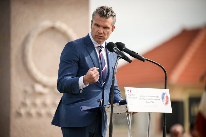 Defense Secretary Pete Hegseth delivers a speech during the international ceremony commemorating the 81st anniversary of the D-Day landings, Friday, June 6, 2025, on Utah Beach, Normandy.