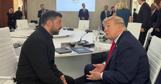 Ukrainian President Volodymyr Zelenskyy meets with US President Donald Trump on the sidelines of the Group of Seven summit in Evian-les-Bains, France on June 16, 2026. 