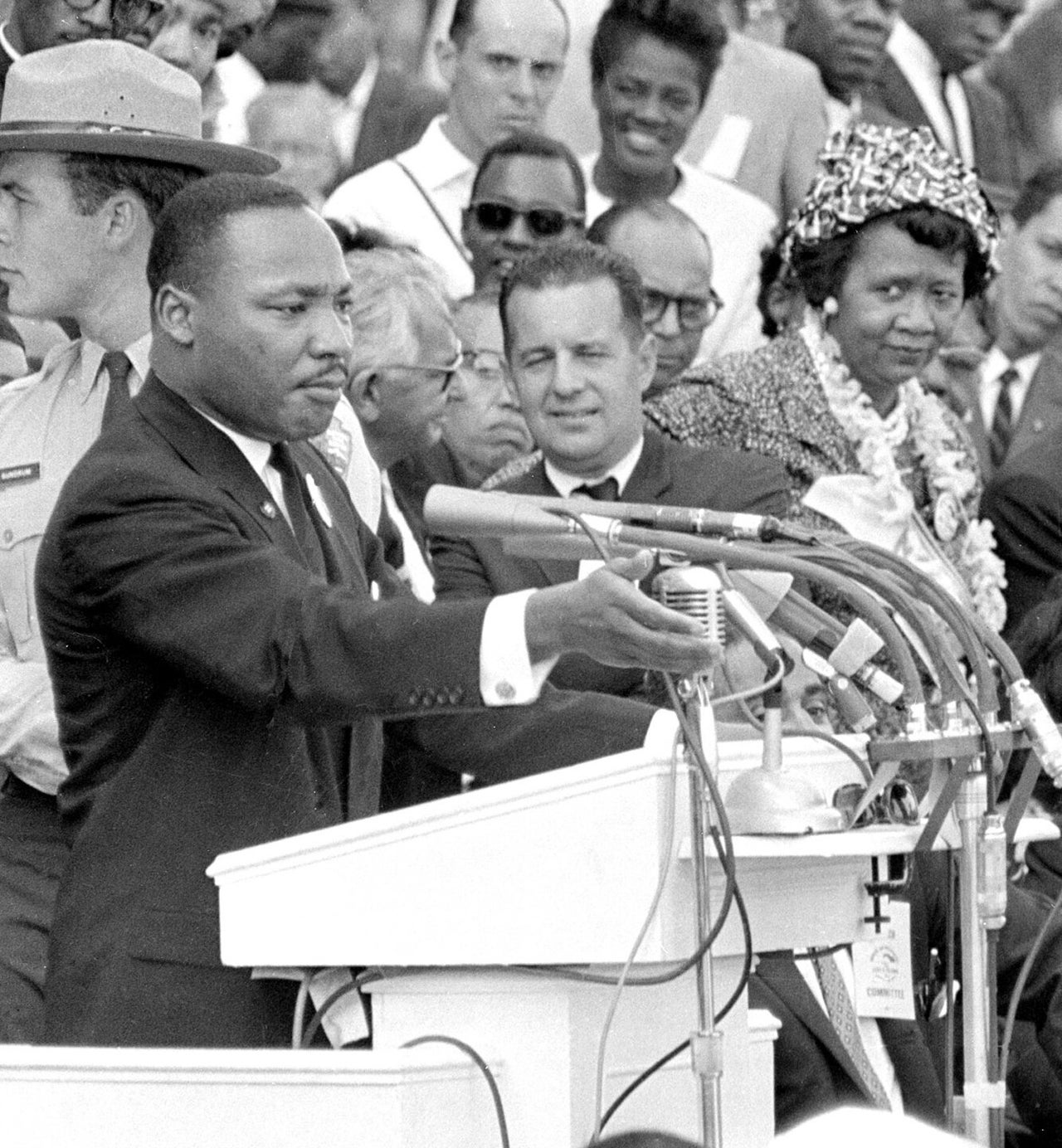 Rev. Dr. Martin Luther King Jr., gestures during his "I Have a Dream" speech as he addresses thousands of civil rights supporters gathered in front of the Lincoln Memorial.