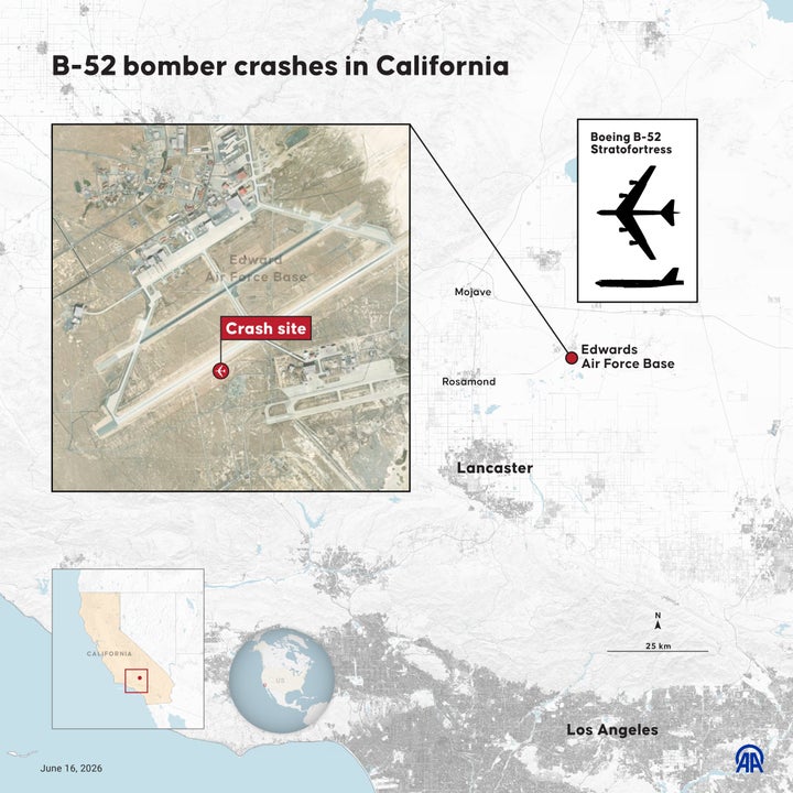 A U.S. Air Force B-52 Stratofortress bomber crashed shortly after takeoff from Edwards Air Force Base in California on Monday during a routine test mission, killing all 8 people on board. 