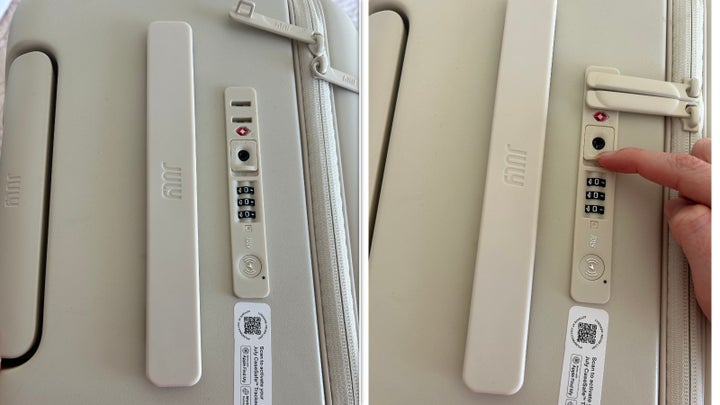 The top of the suitcase, including the handle, location tracker, and combination code. On the right, how to release the zips.