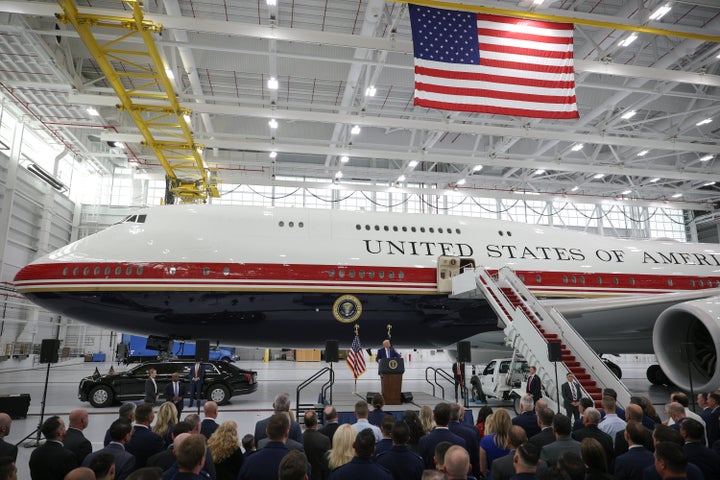 U.S. President Donald Trump delivers remarks after touring the newest aircraft in the presidential fleet at Andrews Air Force Base on June 19, 2026 at Joint Base Andrews, Maryland. The Qatari royal family gifted the lavish $400 million, 13-year-old Boeing 747-8 to the U.S. Air Force to be used as the new Air Force One. (Photo by Alex Wong/Getty Images)