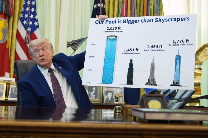 President Donald Trump holds a poster of the Lincoln Memorial Reflecting Pool, left, as he speaks in the Oval Office of the White House, Wednesday, June 3, 2026, in Washington. (AP Photo/Alex Brandon)