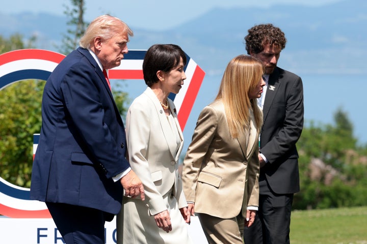 EVIAN-LES-BAINS, FRANCE - JUNE 16: (L-R) U.S. President Donald Trump, Prime Minister of Japan Sanae Takaichi and Prime Minister of Italy Giorgia Meloni leave following a family photo at the G7 Summit on June 16, 2026 in Evian-les-Bains, France. Leaders from the Group of 7 (G7) countries convened in Evian, France, near the Swiss border, for their annual summit to discuss challenges to peace and security for Ukraine and Europe, the situation in the Middle East, and other geopolitical issues. (Photo by Anna Moneymaker/Getty Images)