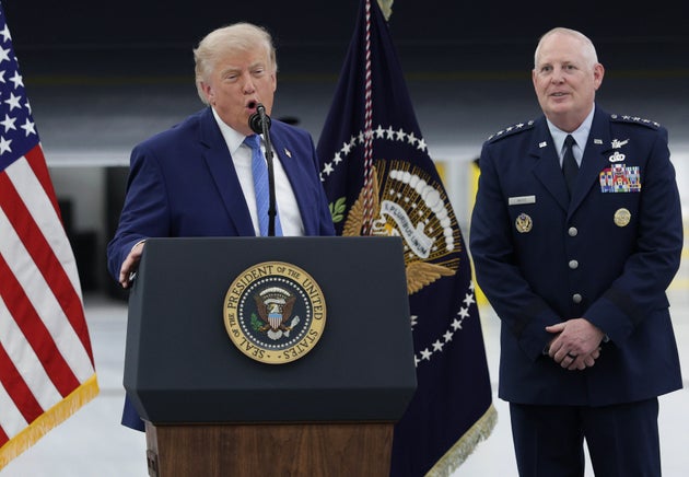 US President Donald Trump delivers remarks with Air Force Gen. Dale White after touring the newest aircraft in the presidential fleet at Andrews Air Force Base on June 19, 2026 at Joint Base Andrews, Maryland. 