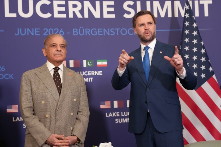 STANSSTAD, SWITZERLAND - JUNE 21: U.S. Vice President JD Vance meets with Pakistan's Prime Minister Shehbaz Sharif for high-level talks aimed at advancing a deal to end the Middle East conflict at the Buergenstock Resort, Lake Lucerne on June 21, 2026 near Stansstad, Switzerland. Vance is visiting Switzerland for negotiations with Iran to end the war that have been delayed by Israeli strikes in Lebanon and over the opening the Strait of Hormuz. (Photo by Nathan Howard-Pool/Getty Images)