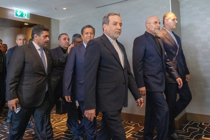 Minister of Foreign Affairs of Iran, Seyyed Abbas Araghchi, 3rd from right, and Speaker of the Islamic Parliament of Iran, Mohammed Bagher Ghalibaf, 2nd from right, with the Delegation of Iran at the Lake Lucerne Summit at the Buergenstock resort in Obbuergen, near Lucerne, Switzerland, Sunday, June 21, 2026. 