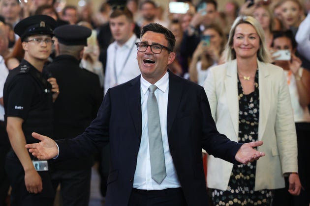 Andy Burnham, Labour MP for Makerfield, celebrates after his swearing-in at the Houses of Parliament on June 22, 2026 in London, England