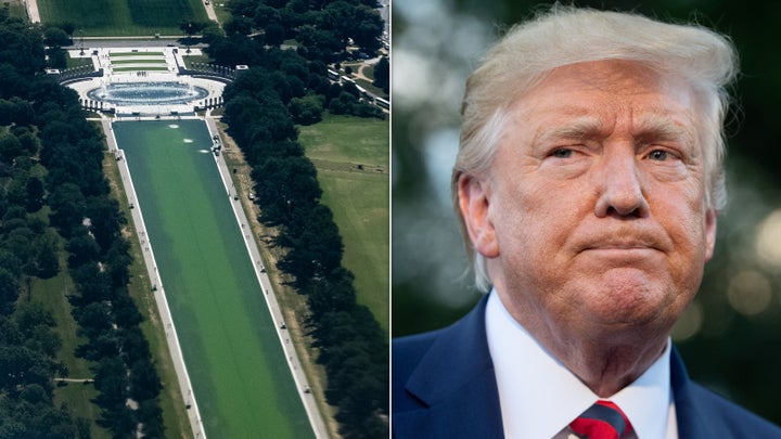 The Lincoln Memorial Reflecting Pool on June 16, and President Donald Trump.
