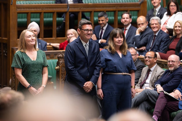 Andy Burnham, front center, attends a swearing-in ceremony as an MP in the House of Common in London, England, Monday, June 22, 2026. (House of Commons via AP)