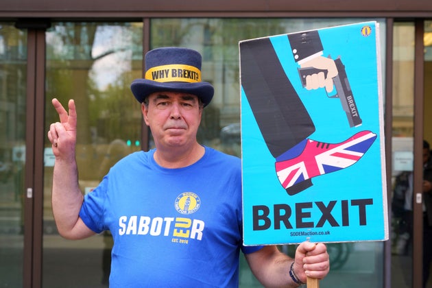 Anti-Brexit campaigner Steve Bray celebrates as he leaves Westminster Magistrates Court in London, Monday, April 14, 2025