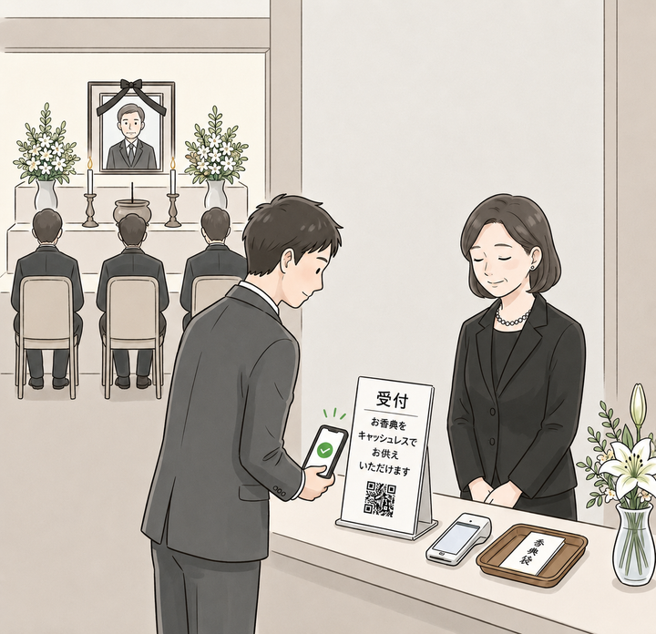 葬儀会場での香典キャッシュレス決済のイメージイラスト