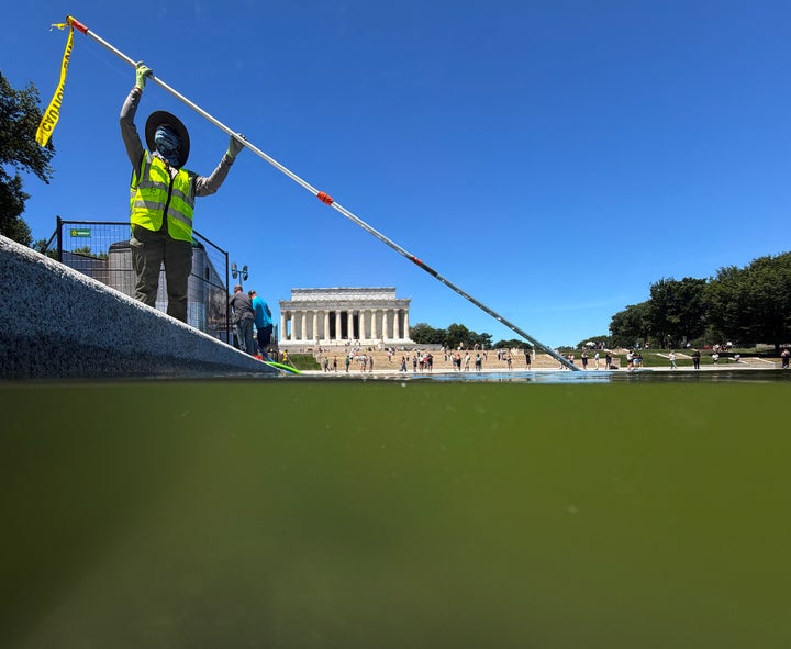 A National Parks Service employee uses a vacuum pump to clean algae off the bottom of the newly repainted Reflecting Pool last week.