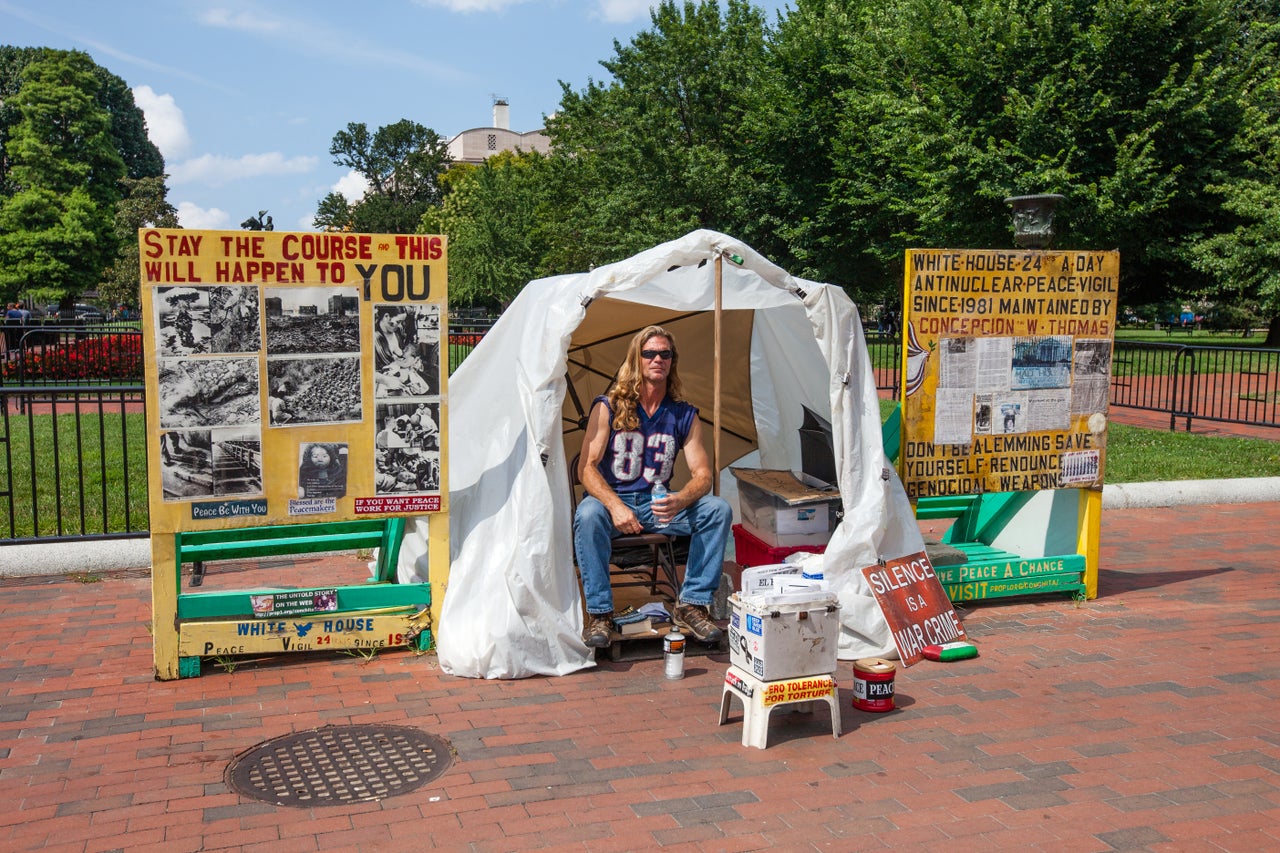 Anti-Nuke protest in Lafayette Park across from the White House. According to their signage, they've been there since 1981 with volunteers 'staffing' the protest around the clock.