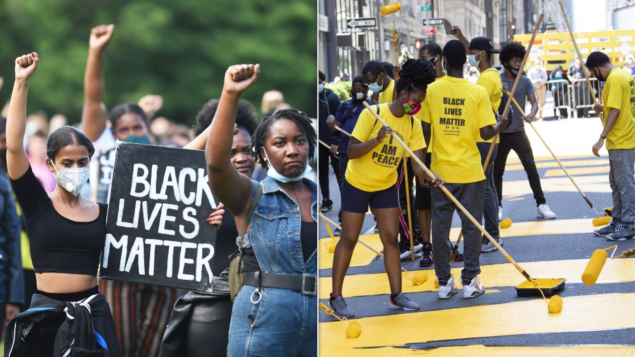 (Left): Protesters hold up fists at a gathering in support of the Black Lives Matter movement on Woodhouse Moor in Leeds in northern England on June 21, 2020, in the aftermath of the death of George Floyd in police custody. (Right): People paint "Black Lives Matter" mural in front of Trump Tower in New York on July 9, 2020. 