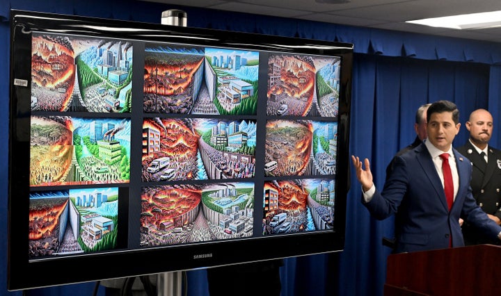 Acting U.S. Attorney Bill Essayli points to images on a TV screen that Jonathan Rinderknecht allegedly created through ChatGPT.