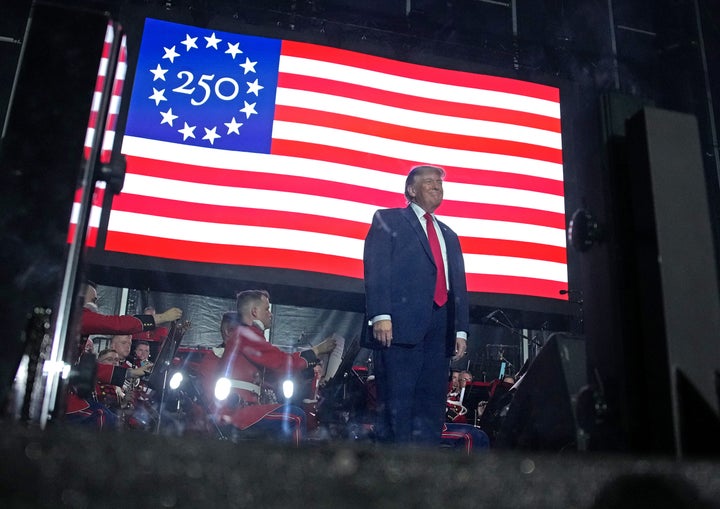 Above, President Donald Trump holds a rally to kick off the Freedom 250-backed Great American State Fair on the National Mall on June 24.