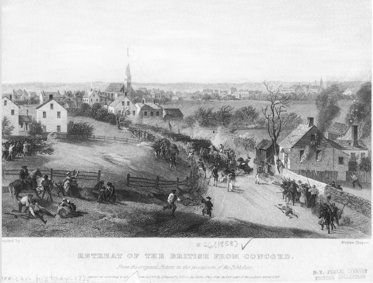 This wood engraving by W.L.S. depicts lines of Massachusetts militia firing into the ranks of Shay's rebels in Springfield, Massachusetts, in 1786.