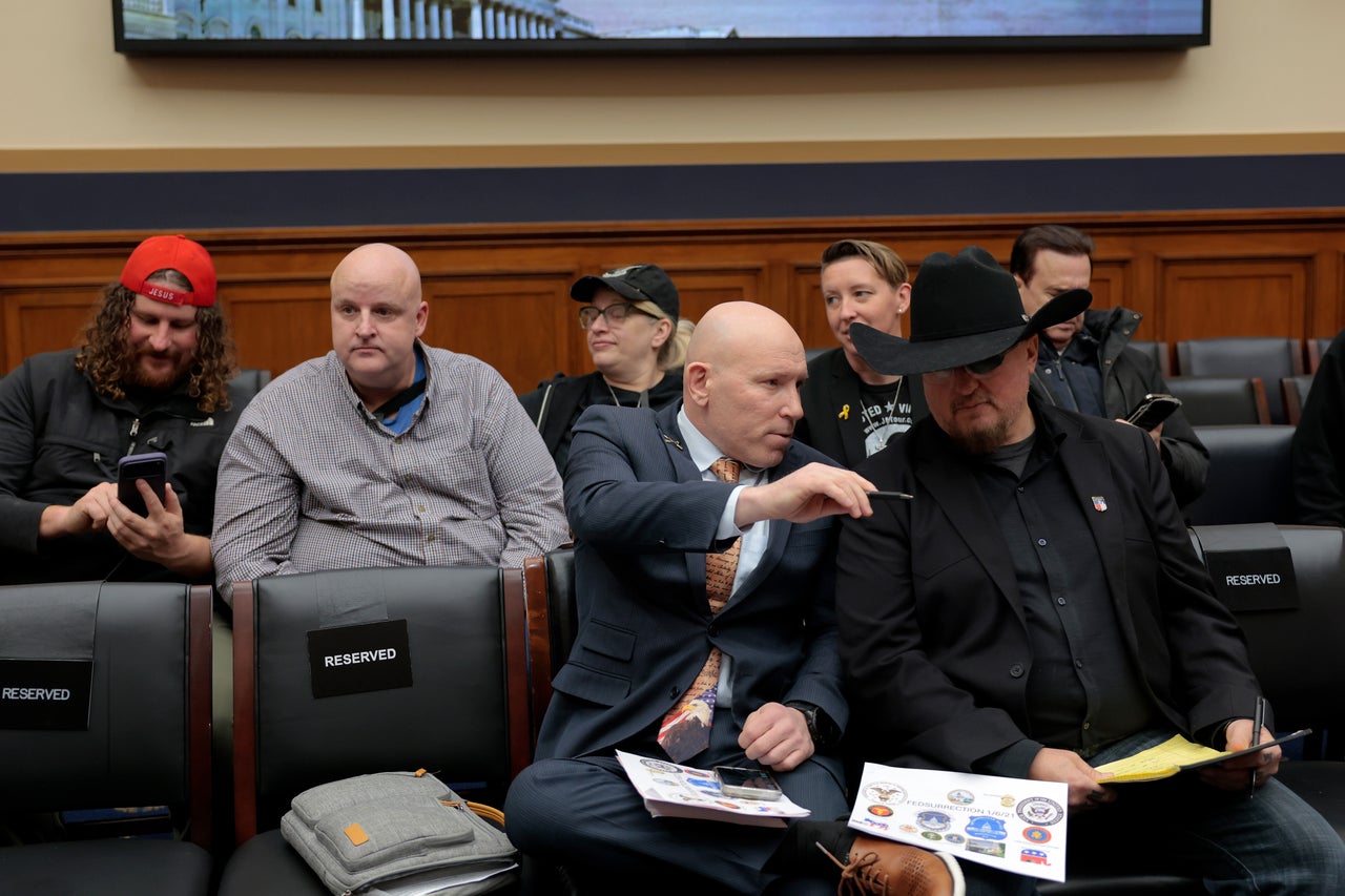 Stewart Rhodes (right), founder of the far-right Oath Keepers extremist group, attends a hearing with the House Select Subcommittee on January 6th in the Rayburn House Office Building on Jan. 14, 2026. The committee held the hearing to further examine the FBI’s investigation into pipe bombs left outside the offices of the Democratic and Republican national committees in 2021.