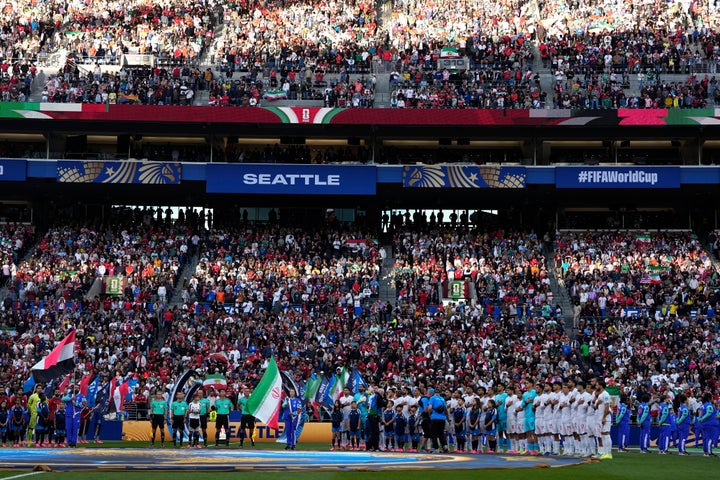 Players of the two teams stand for their national anthems before the start of the World Cup Group G soccer match between Egypt and Iran in Seattle, Friday, June 26, 2026. (AP Photo/Lindsey Wasson)