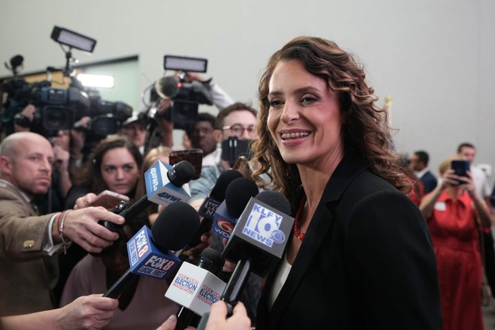 FILE - U.S. Senate candidate Rep. Julia Letlow, R-La., speaks to media during an election night watch party, May 16, 2026, in Baton Rouge, La. (AP Photo/Matthew Hinton, File)
