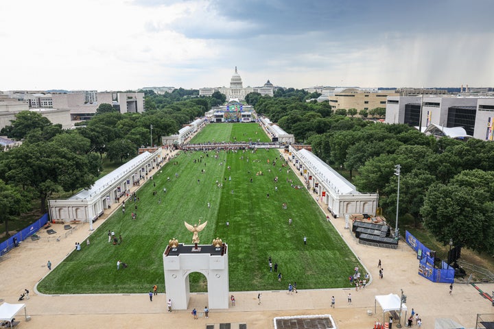 The US Capitol past a replica of US President Donald Trump's planned Triumphal Arch at the Great American State Fair on the National Mall in Washington, DC, US, on Friday, June 26, 2026. The Great American State Fair, held to celebrate America's 250th anniversary, will be held on the National Mall from June 24th through July 10th. Photographer: Valerie Plesch/Bloomberg via Getty Images