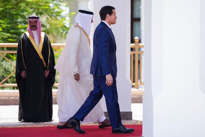 U.S. Secretary of State Marco Rubio, right, arrives for a meeting with Bahrain's King Hamad bin Isa Al Khalifa at Al-Sakhir Palace near Zallaq, Bahrain Thursday, June 25, 2026. (Eric Lee/Pool Photo via AP)
