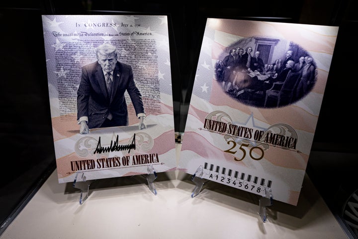 A limited edition U.S. Passport featuring President Donald Trump on display at the State Department exhibit at the "Great American State Fair" in Washington on June 28, 2026.