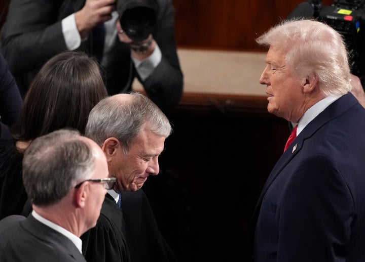 President Donald Trump greets Supreme Court Chief Justice John Roberts ahead of the State of the Union address on Feb. 24, 2026.