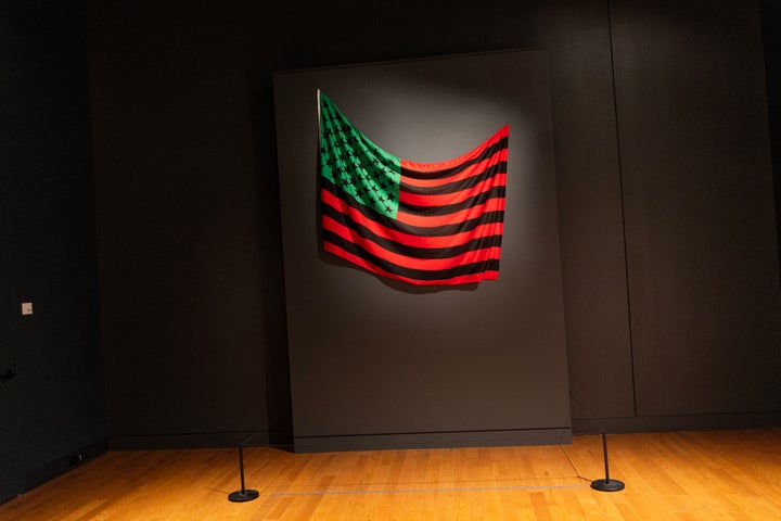Artist David Hammon's African American Flag is exhibited at the Smithsonian National Museum of African American History and Culture in 2025. President Trump had said he would be reviewing Smithsonian exhibits for bias against American values. 