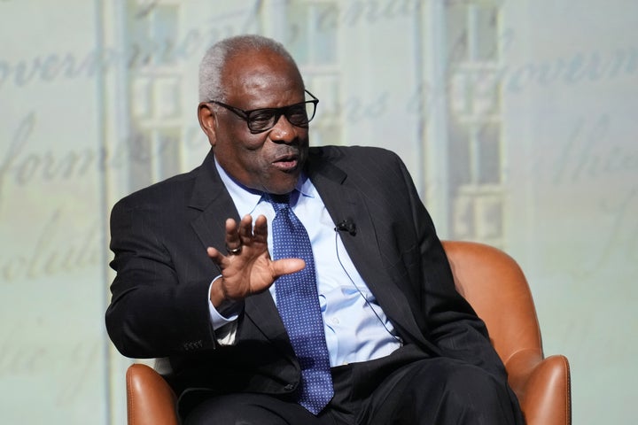 U.S. Supreme Court Associate Justice Clarence Thomas answers questions during a visit to the University of Texas at Austin, in Austin, Texas, Wednesday, April 15, 2026. (AP Photo/Eric Gay)