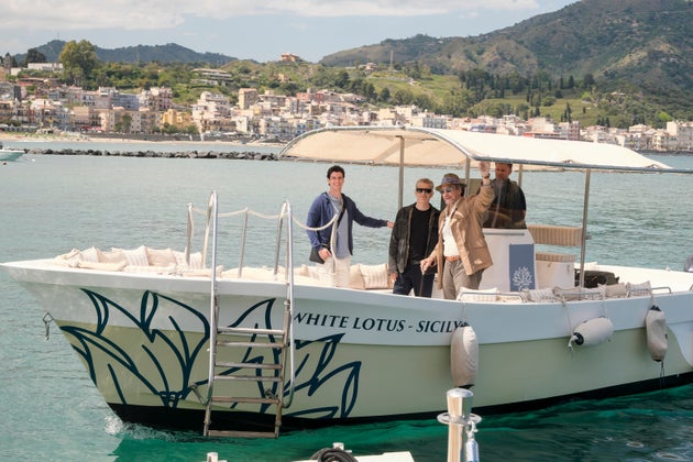 Adam DiMarco, Michael Imperioli and Murray F Abraham on the set of The White Lotus season two