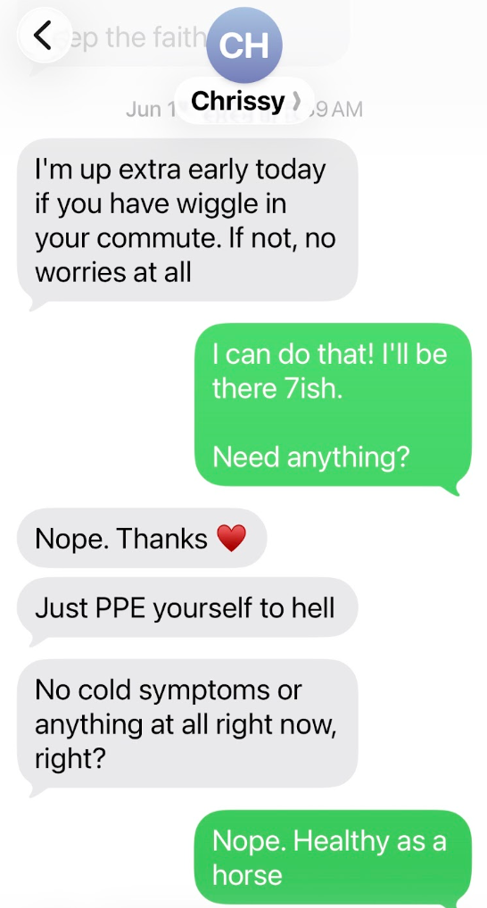 A few days after her first round of chemotherapy, Chrissy asked the author to visit. This was the last time that they saw each other. She died a week later.