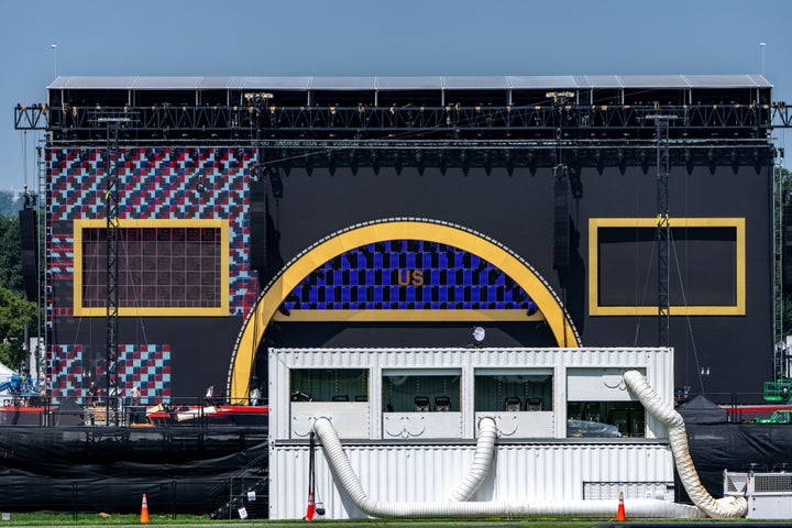 The stage is being readied for the America 250 Fourth of July celebration on the National Mall, Thursday, July 2, 2026, in Washington. 