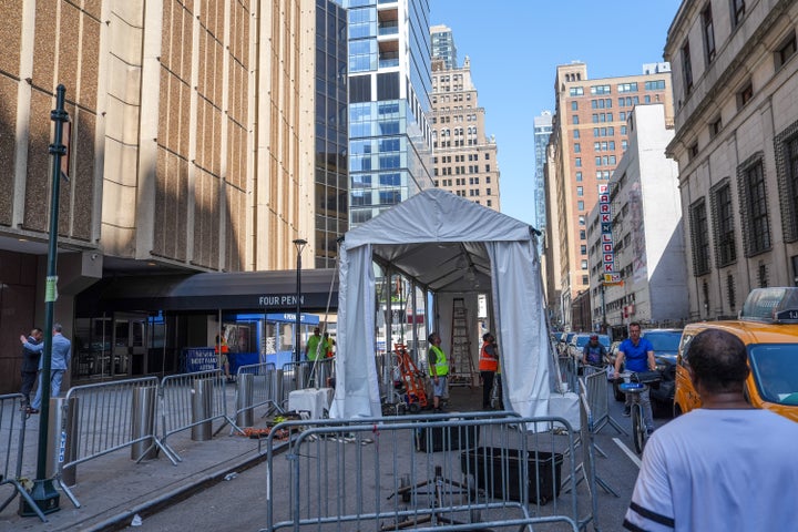 Workers set up a tent outside of Madison Square Garden ahead of a reported wedding between singer Taylor Swift and National Football League player Travis Kelce on Thursday, July 2, 2026, in New York. (AP Photo/Ryan Murphy)