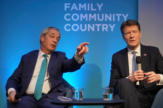 Reform UK leader Nigel Farage, left, and deputy leader Richard Tice attend a press conference on the economy and renewable energy, in London, Wednesday, Feb. 12, 2025. 
