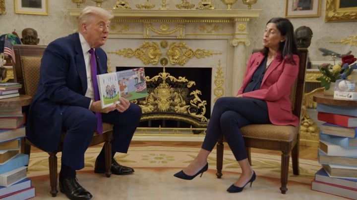 President Donald Trump appears Friday on second lady Usha Vance’s children’s podcast, “Storytime with the Second Lady.”