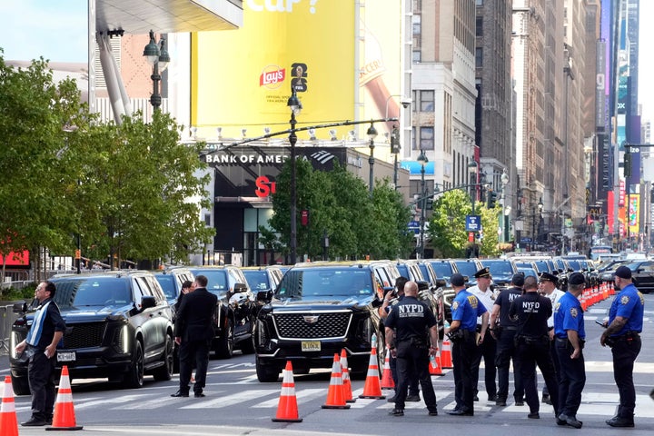 SUVs line up outside Madison Square Garden during a reported wedding between Taylor Swift and Travis Kelce on Friday, July 3, 2026, in New York. (Photo by Charles Sykes/Invision/AP)