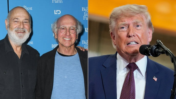 The late Rob Reiner (left) and actor Larry David (center) poke fun at President Donald Trump in a new episode of David’s show.