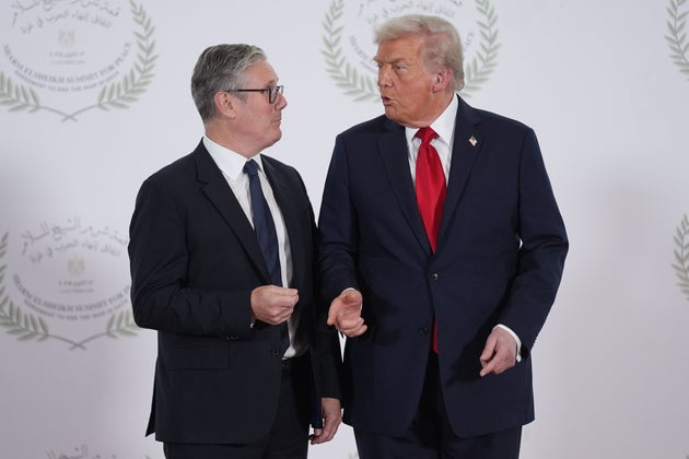 President Donald Trump greets Britain's Prime Minister Keir Starmer during summit to support ending the more than two-year Israel-Hamas war in Gaza after a breakthrough ceasefire deal, Monday, Oct. 13, 2025, in Sharm El Sheikh, Egypt. 