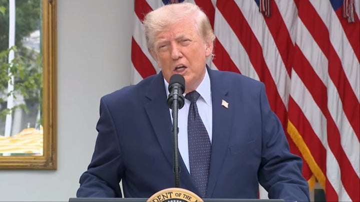 President Donald Trump delivering remarks at the White House Rose Garden Club Lunch on July 6, 2026.