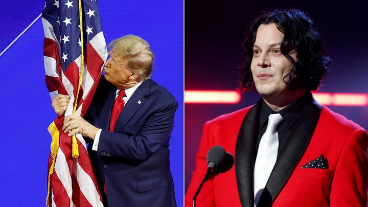 President Donald Trump kissing the American flag and musician Jack White.