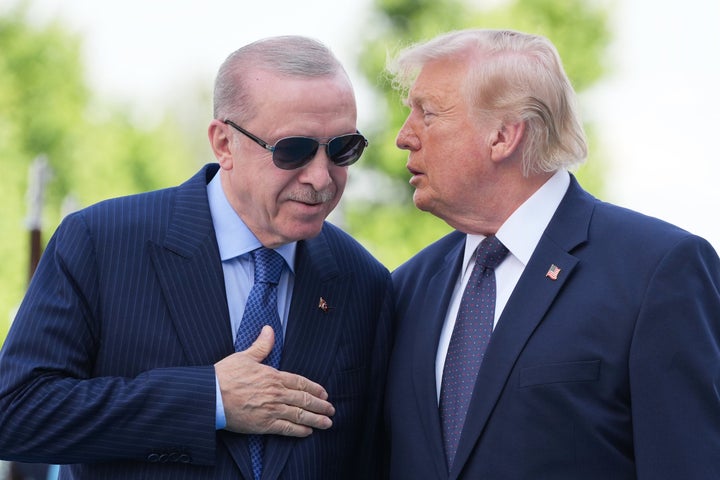 President Donald Trump, right, speaks with Turkish President Recep Tayyip Erdogan at the Bestepe Presidential Palace on July 7, 2026.