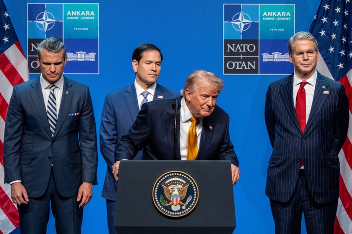 President Donald Trump, center, speaks at a news conference during the NATO Summit in Ankara, Turkey, on July 8, 2026.